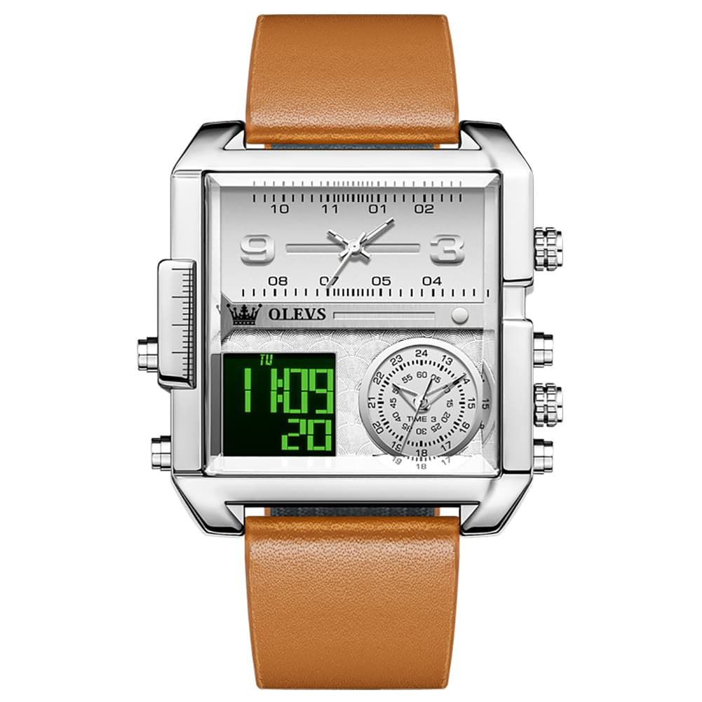 OLEVS 1101 Square Dual Time Analog Digital Watch for Men - Silver Brown Watch | Olevs Watch Store