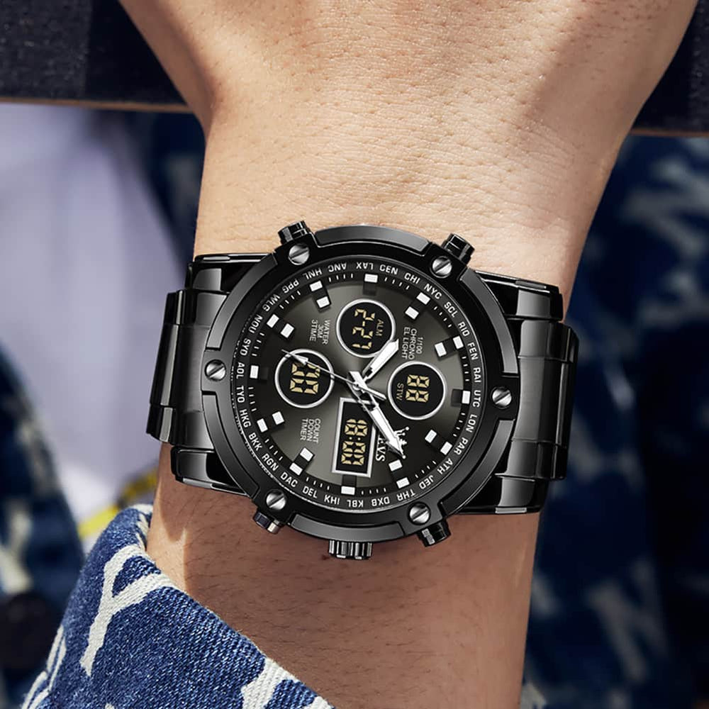 OLEVS 1106 Heavy Duty Dual Display Chronograph Watch for Men - All Black Watch | Olevs Watch Store
