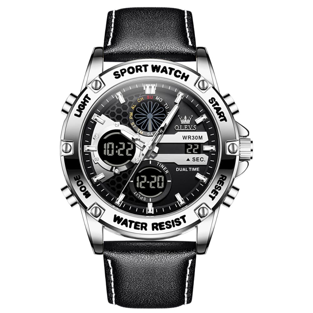 OLEVS 1110 Rugged Dual Display Leather Sport Watch for Men - Silver White Watch | Olevs Watch Store