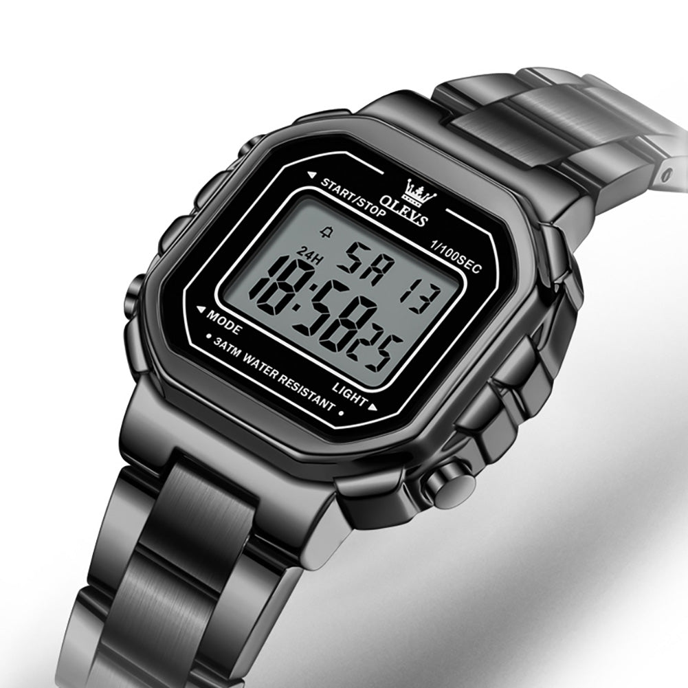 OLEVS 1111 all black square digital watch close up