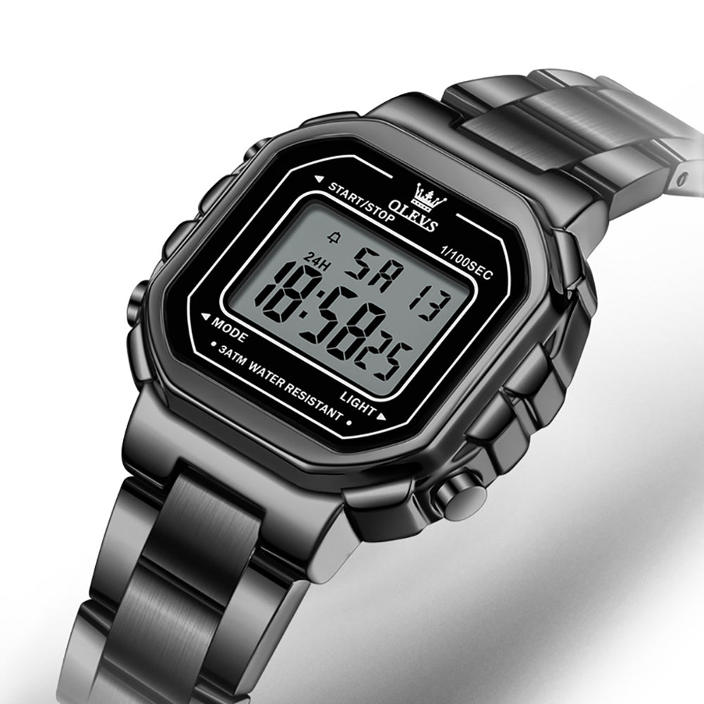 OLEVS 1111 all black square digital watch close up