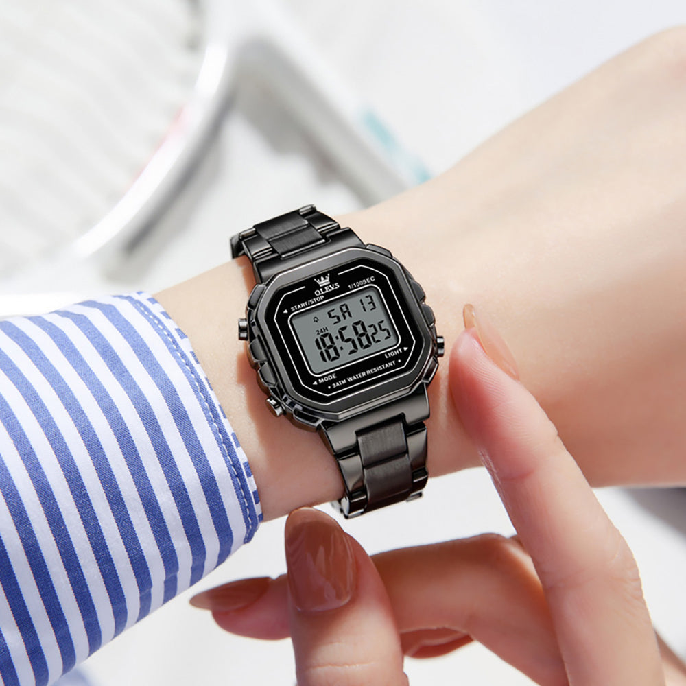 OLEVS 1111 all black digital watch on wrist