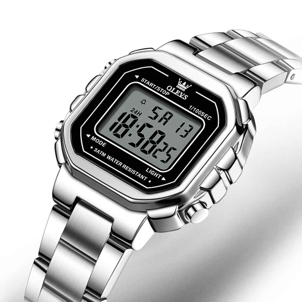OLEVS 1111 silver black square digital watch close up