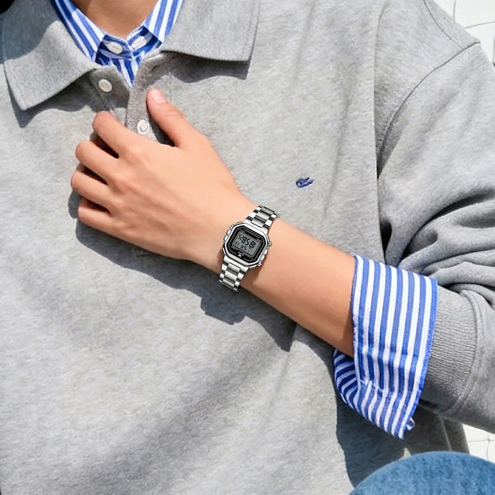OLEVS 1111 silver digital watch with casual outfit