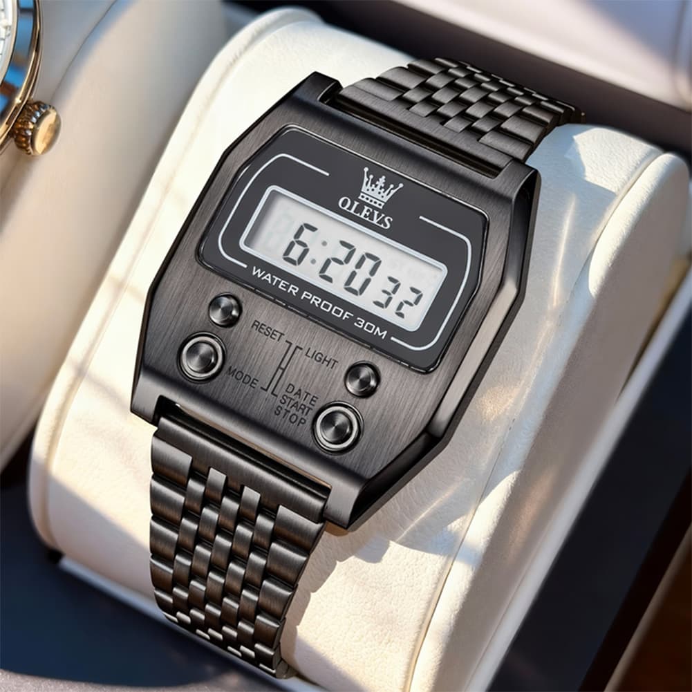 OLEVS 1113 Vintage Retro Digital Steel Watch for Men Women - All Black Watch | Olevs Watch Store