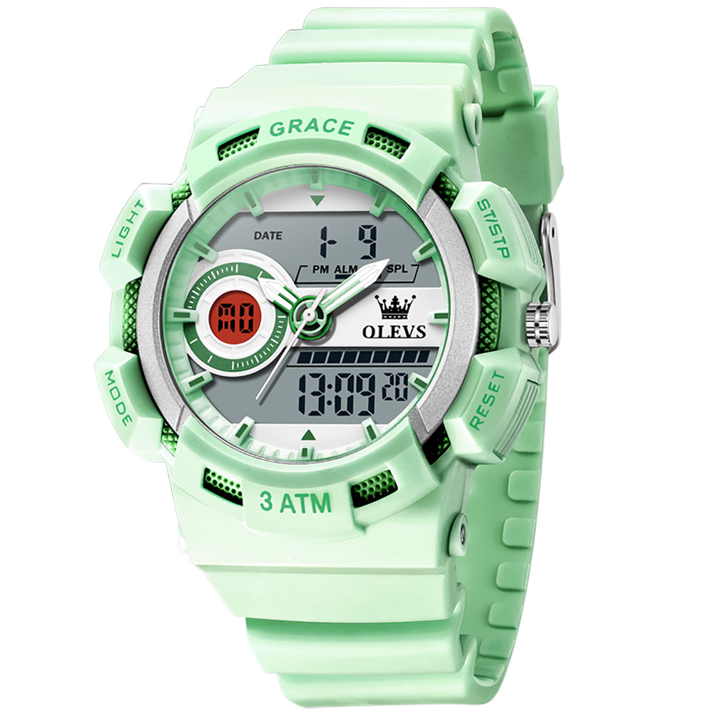 OLEVS 1121 mint green silicone strap watch angled view