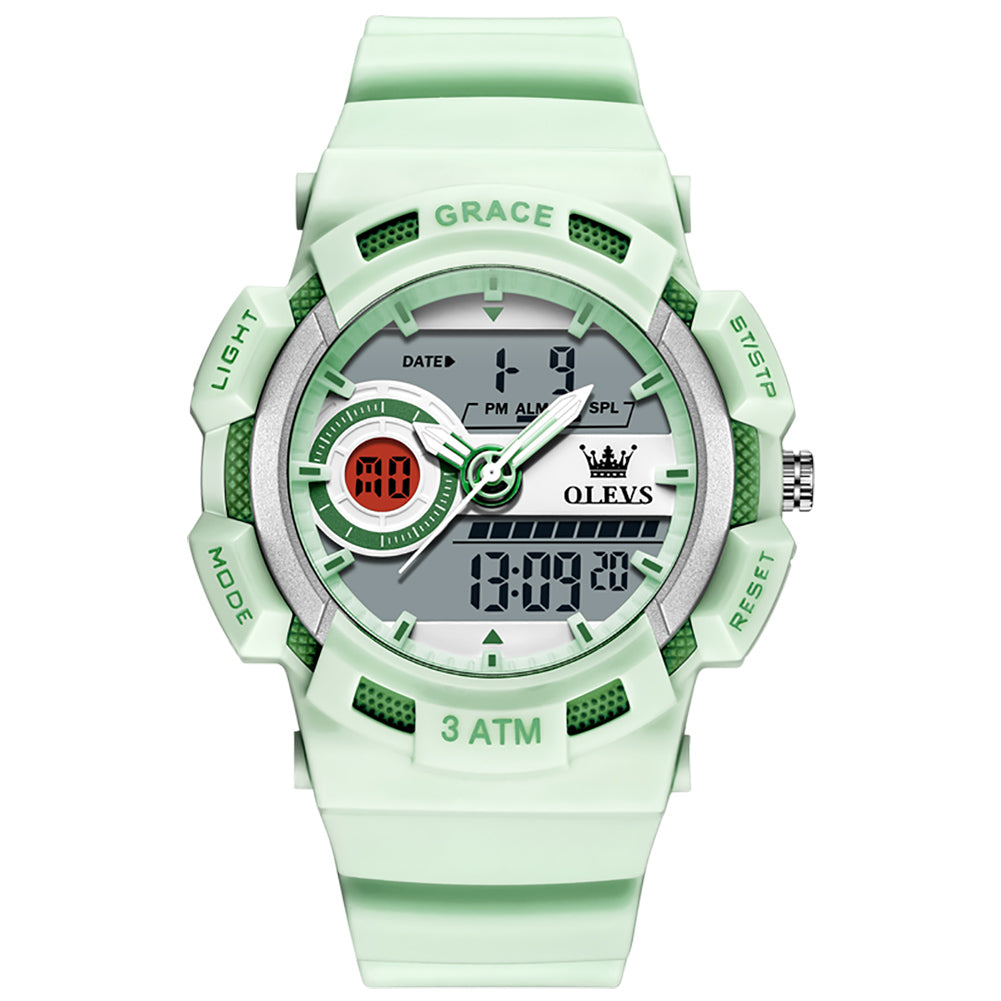 OLEVS 1121 mint green analog digital sports watch front