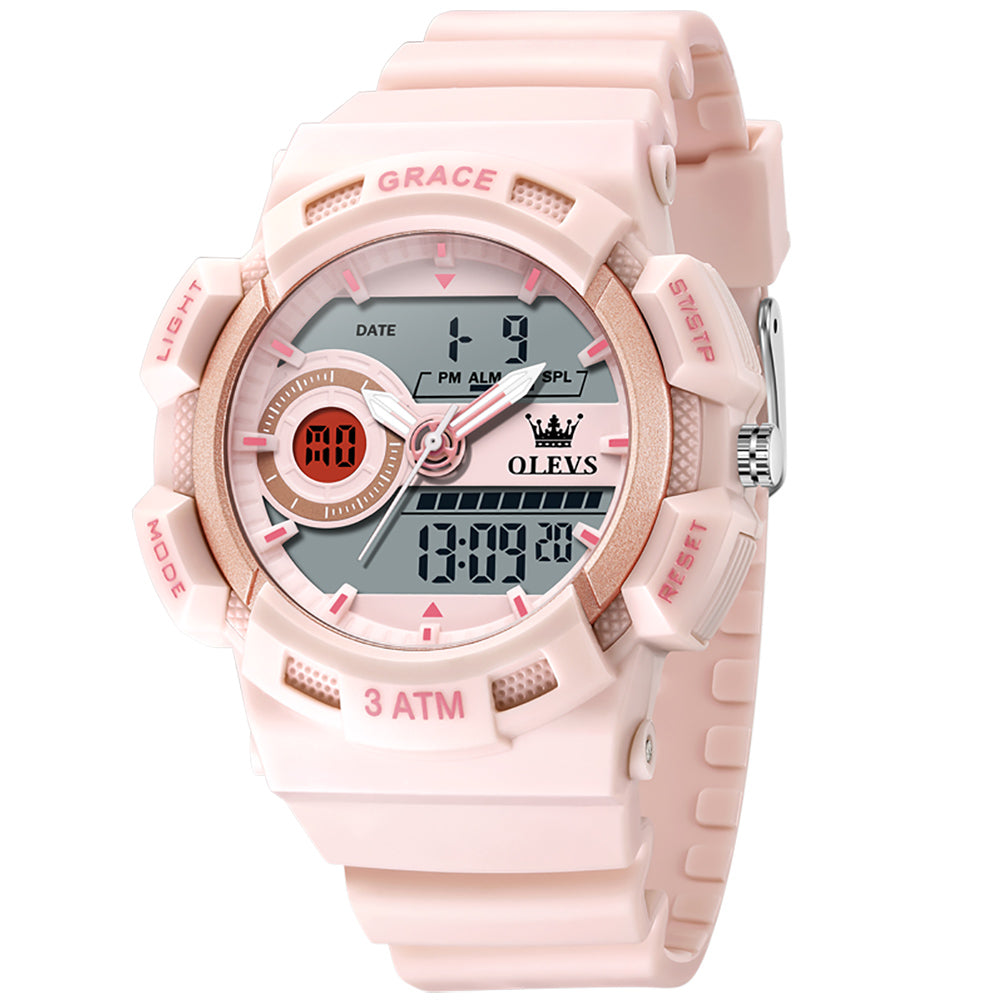 OLEVS 1121 pink silicone strap watch angled view