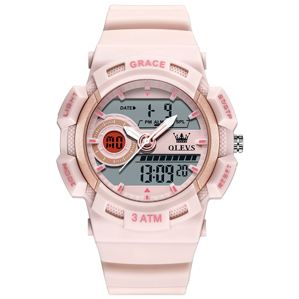 OLEVS 1121 pink analog digital sports watch front