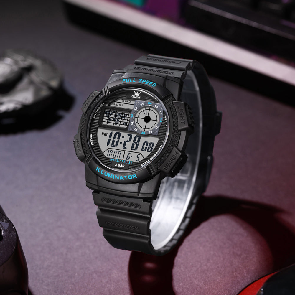 OLEVS 1123 black digital sports watch with blue accents
