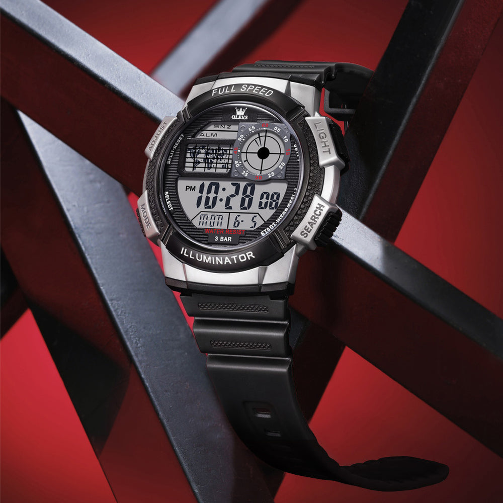 OLEVS 1123 silver black digital watch styled close up