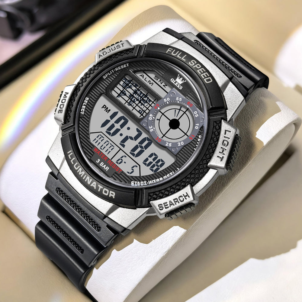 OLEVS 1123 silver black digital sports watch dial close up