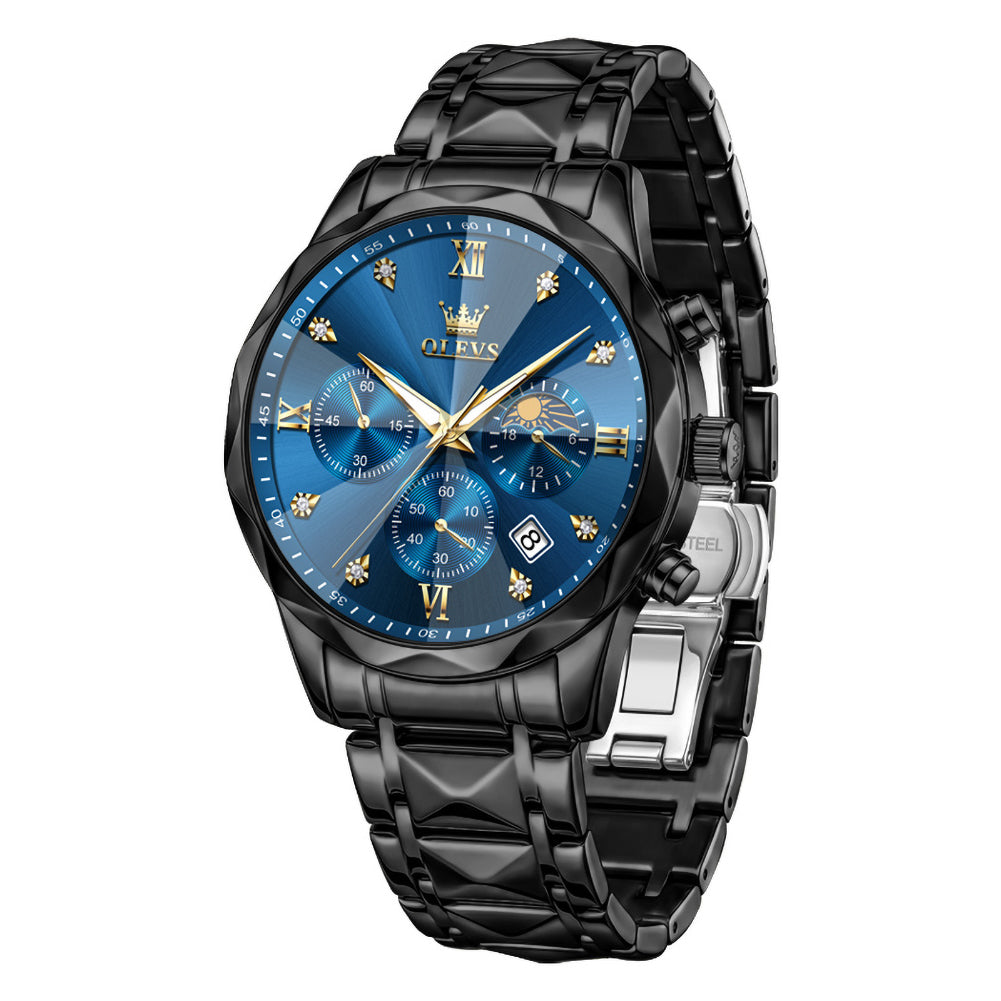 OLEVS 2730 Black Blue faceted quartz chronograph watch