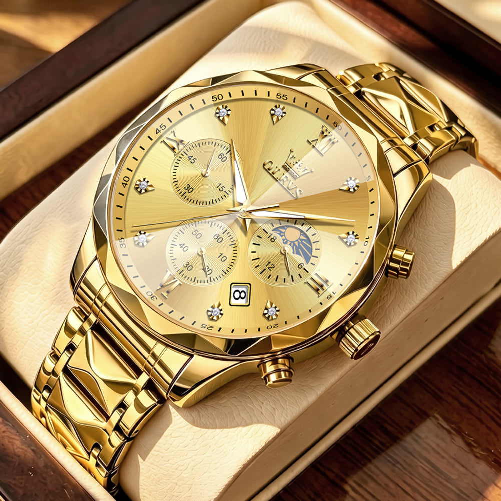 OLEVS 2730 All Gold faceted quartz chronograph watch dial close up
