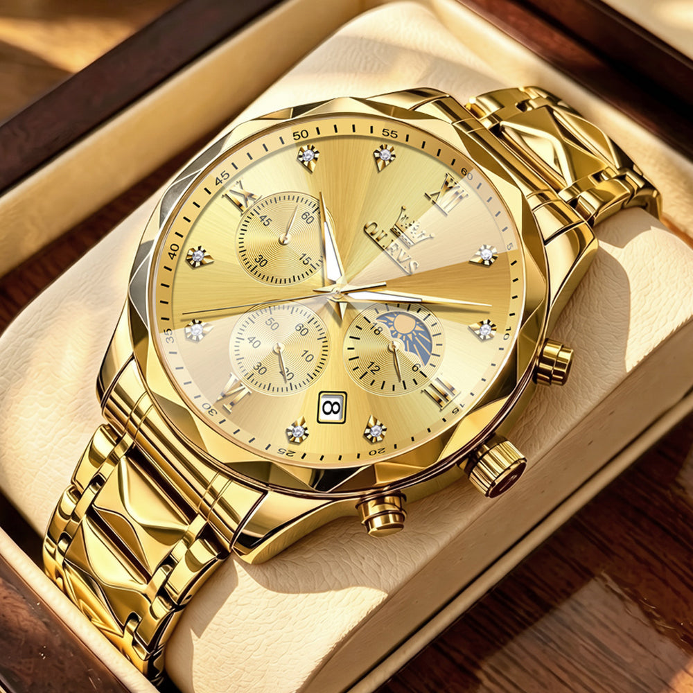 OLEVS 2730 All Gold faceted quartz chronograph watch dial close up