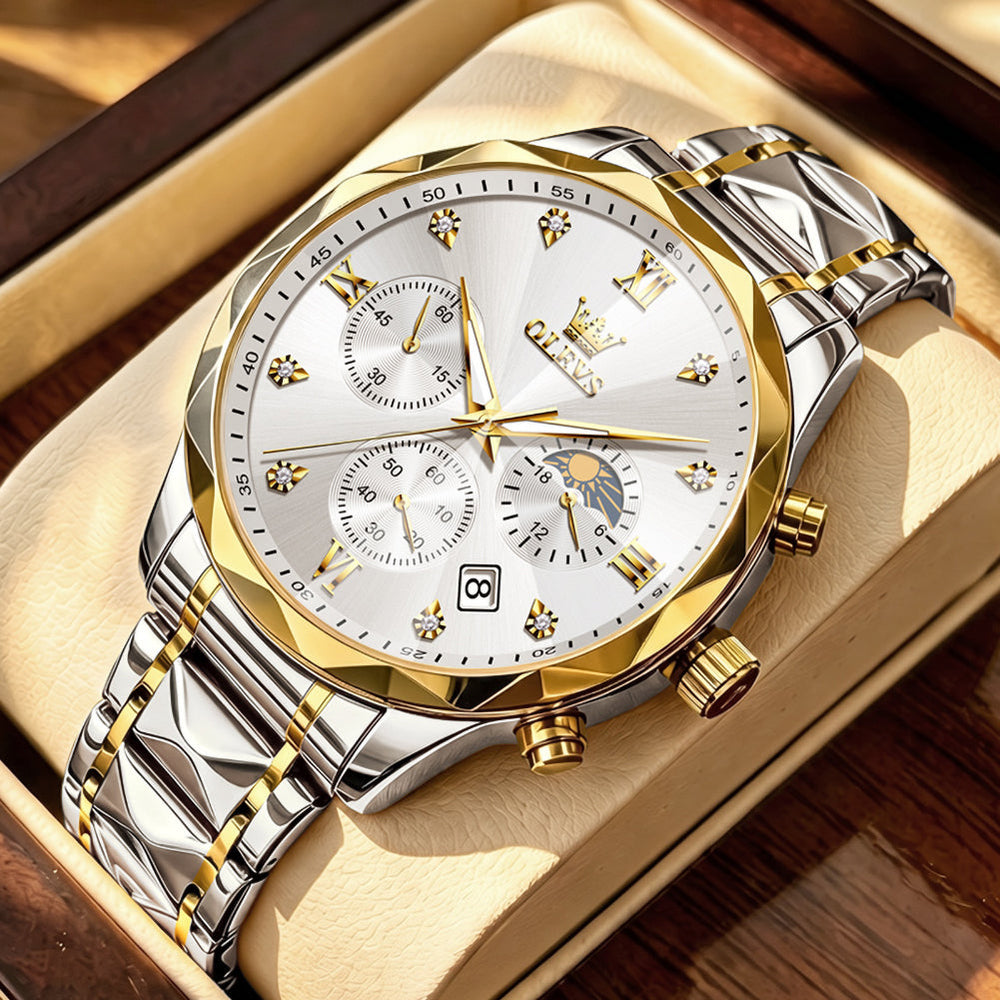 OLEVS 2730 Gold White faceted quartz chronograph watch dial close up