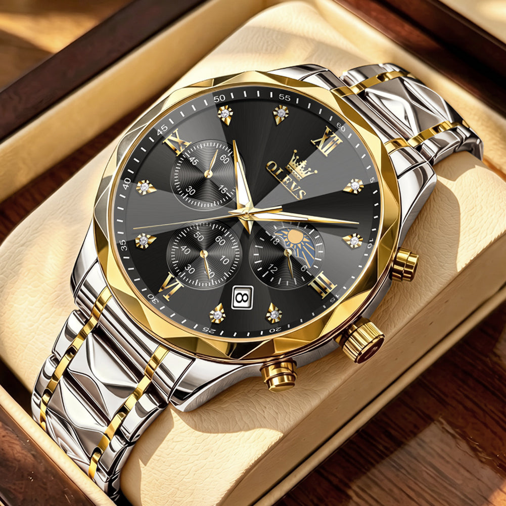 OLEVS 2730 Gold Black faceted quartz chronograph watch dial close up