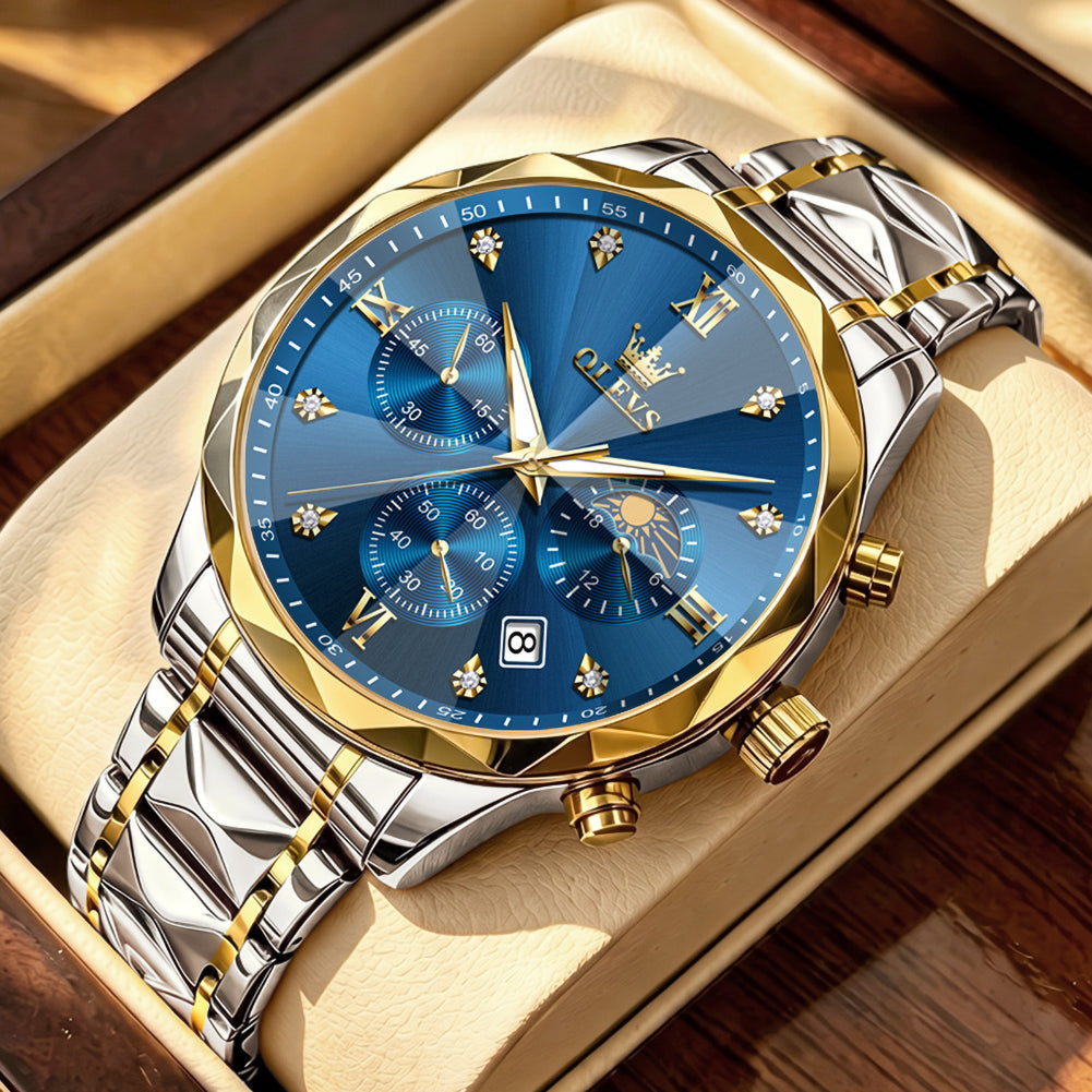 OLEVS 2730 Gold Blue faceted quartz chronograph watch dial close up