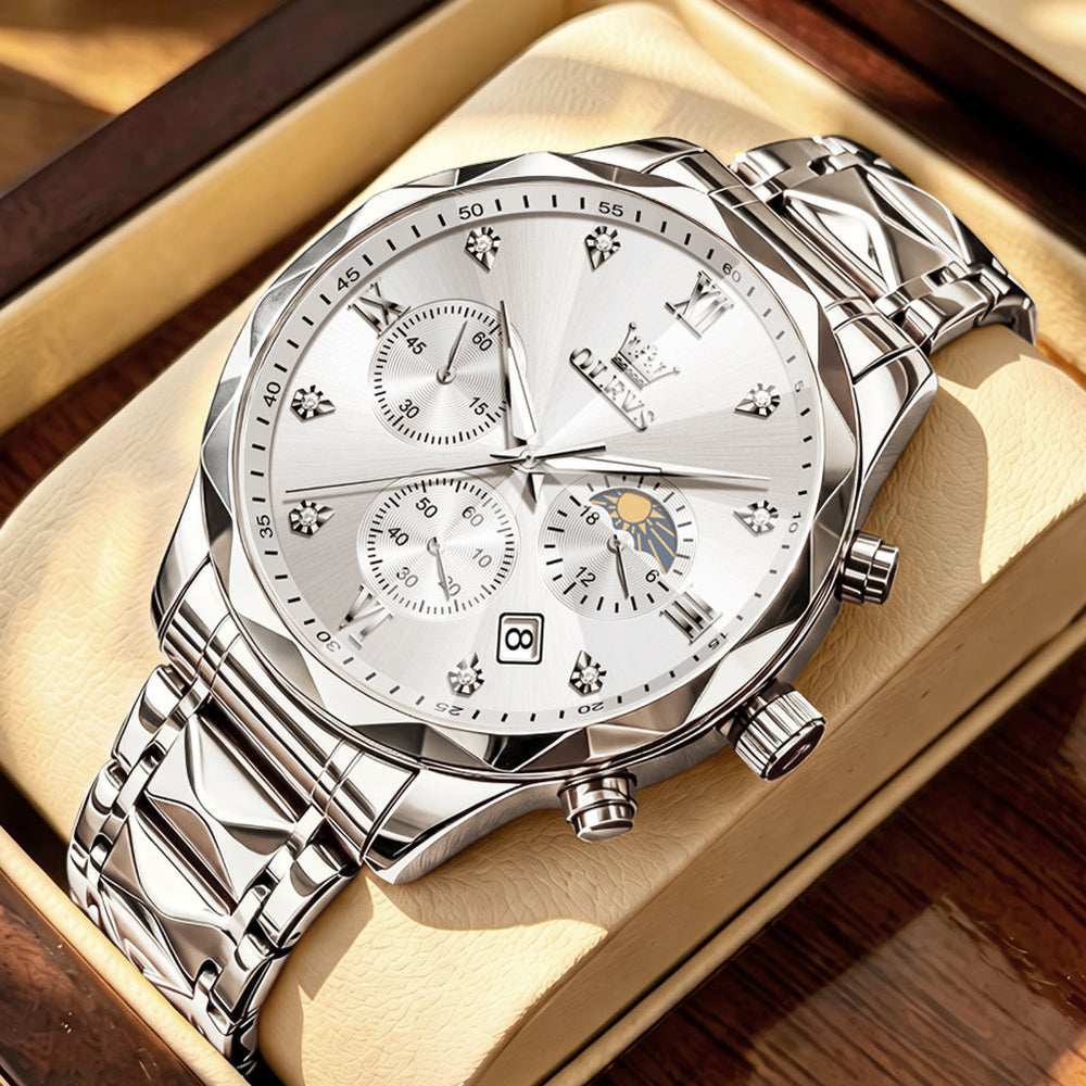OLEVS 2730 Silver White faceted quartz chronograph watch dial close up