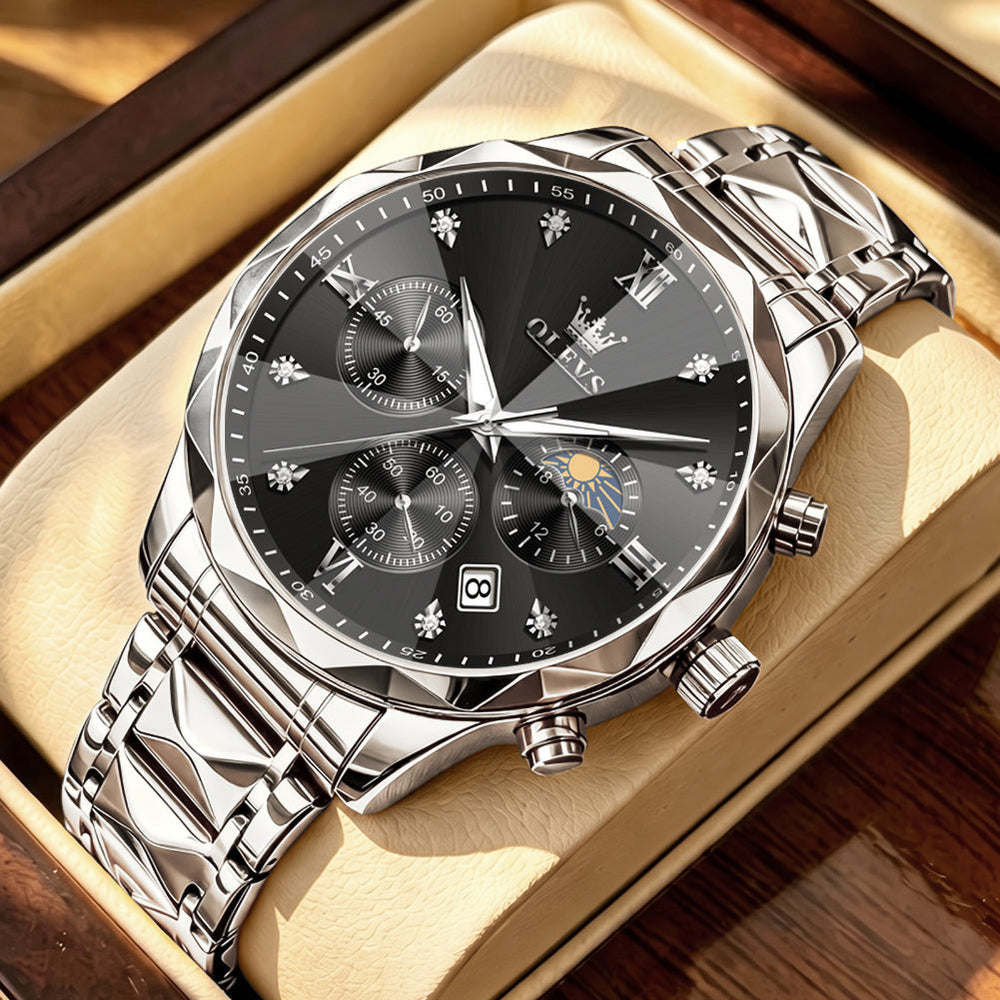 OLEVS 2730 Silver Black faceted quartz chronograph watch dial close up