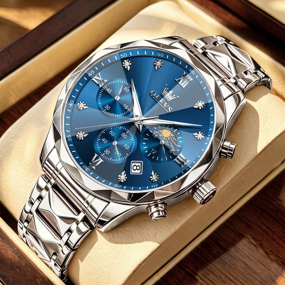 OLEVS 2730 Silver Blue faceted quartz chronograph watch dial close up