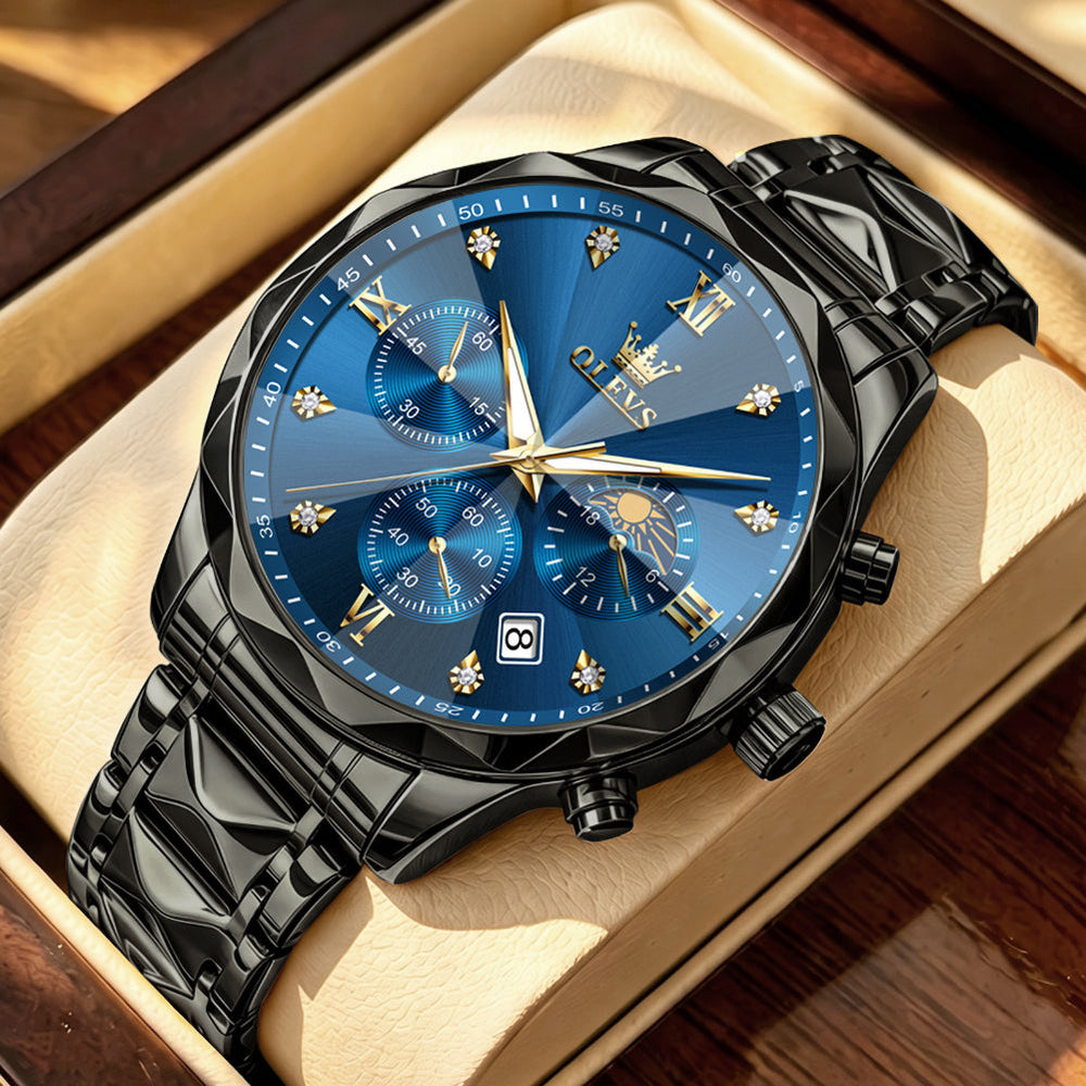 OLEVS 2730 Black Blue faceted quartz chronograph watch dial close up