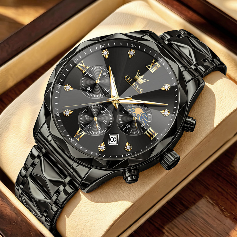 OLEVS 2730 All Black faceted quartz chronograph watch dial close up