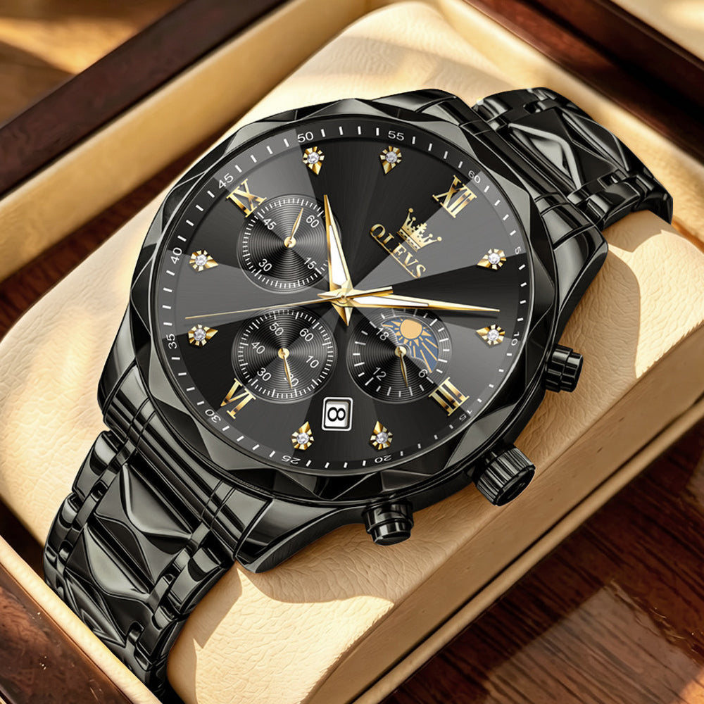 OLEVS 2730 All Black faceted quartz chronograph watch dial close up