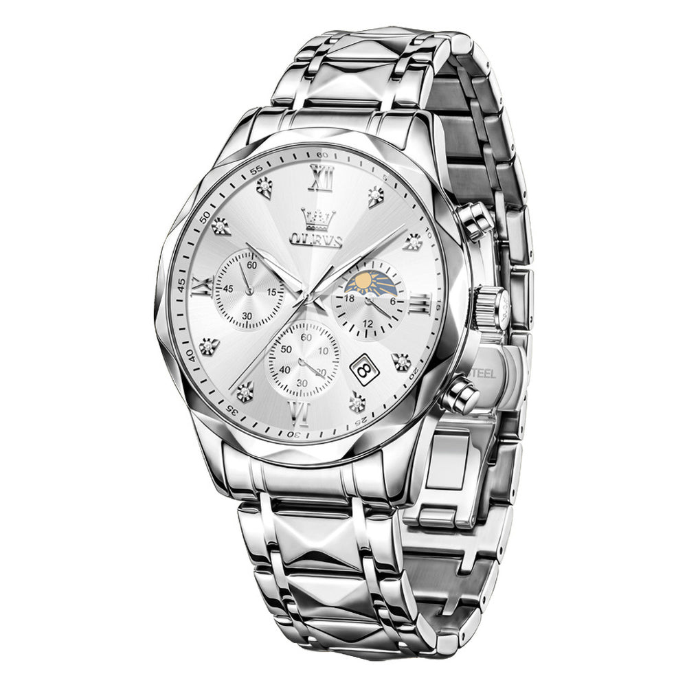 OLEVS 2730 Silver White faceted quartz chronograph watch