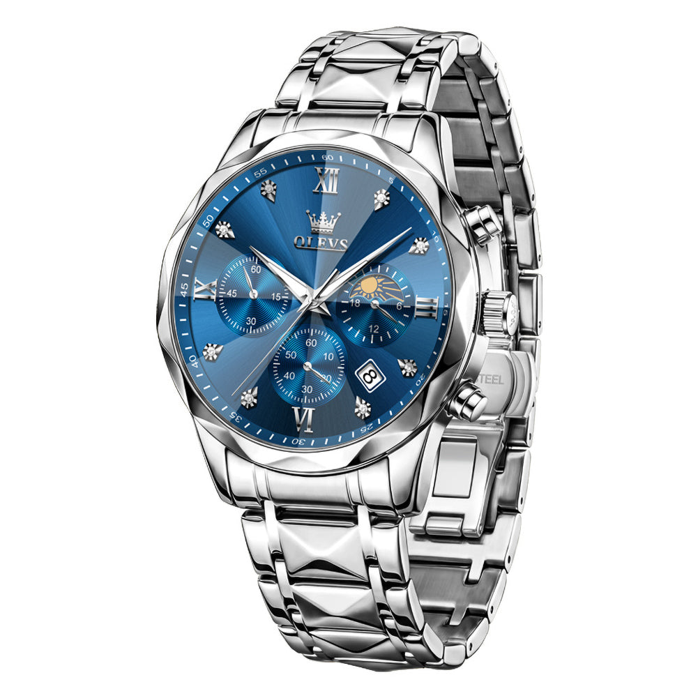 OLEVS 2730 Silver Blue faceted quartz chronograph watch