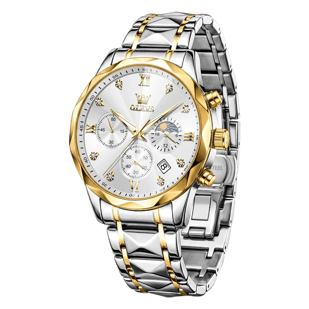 OLEVS 2730 Gold White faceted quartz chronograph watch