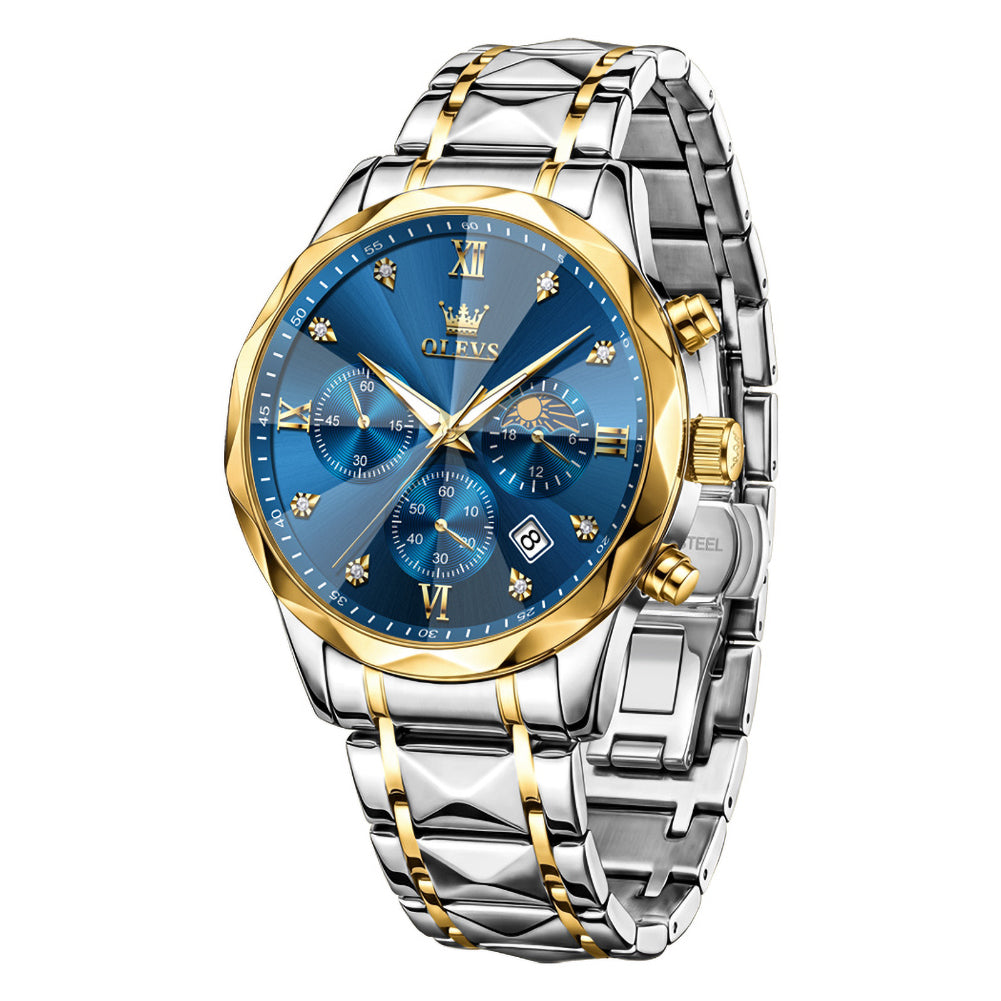 OLEVS 2730 Gold Blue faceted quartz chronograph watch