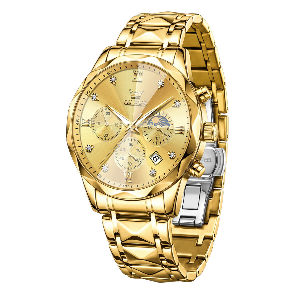 OLEVS 2730 All Gold faceted quartz chronograph watch