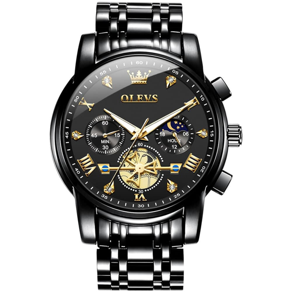 OLEVS 2856 Luxury Moon Phase Chronograph Quartz Watch for Men - All Black Gold Watch | Olevs Watch Store