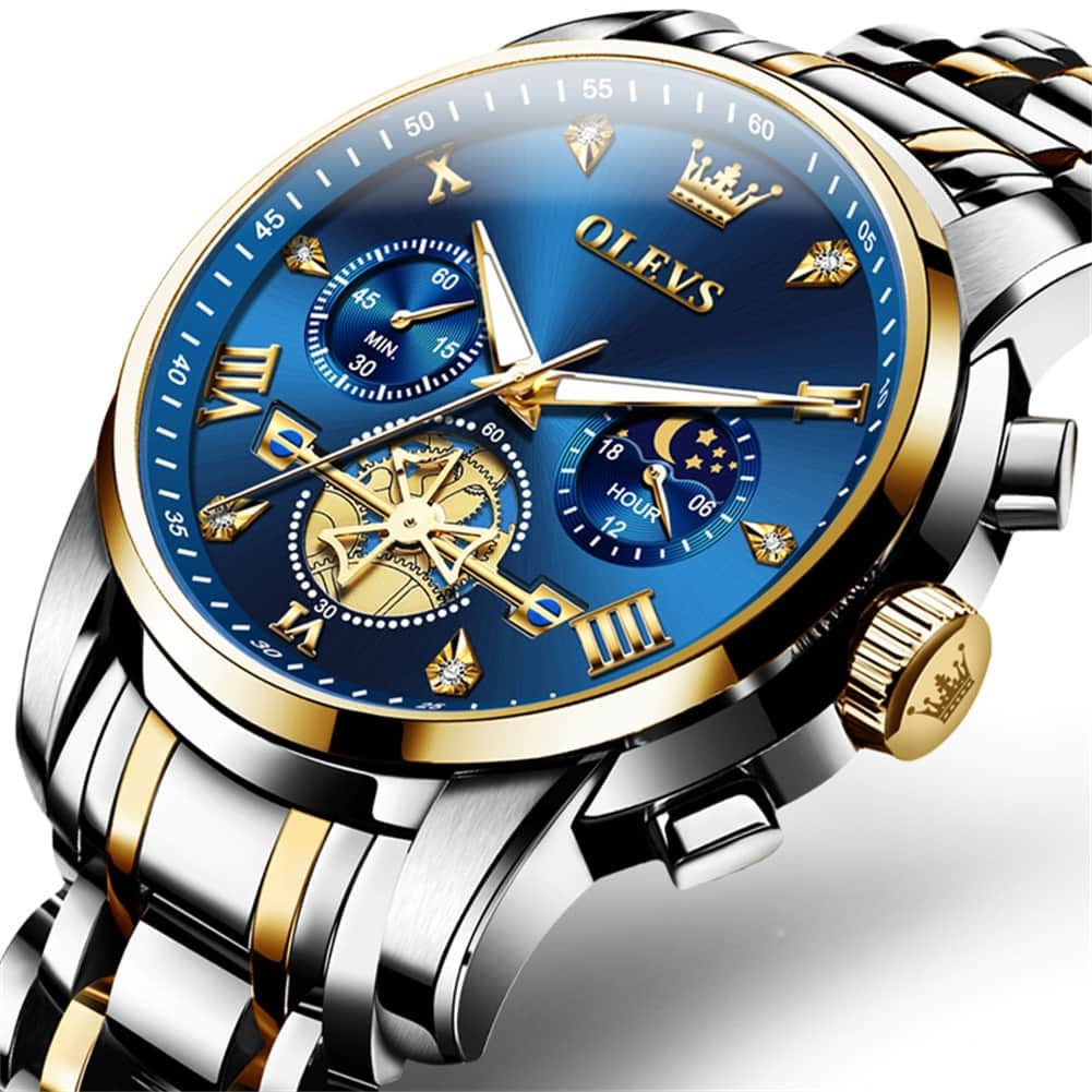 OLEVS 2856 Luxury Moon Phase Chronograph Quartz Watch for Men - All Black Silver Watch | Olevs Watch Store