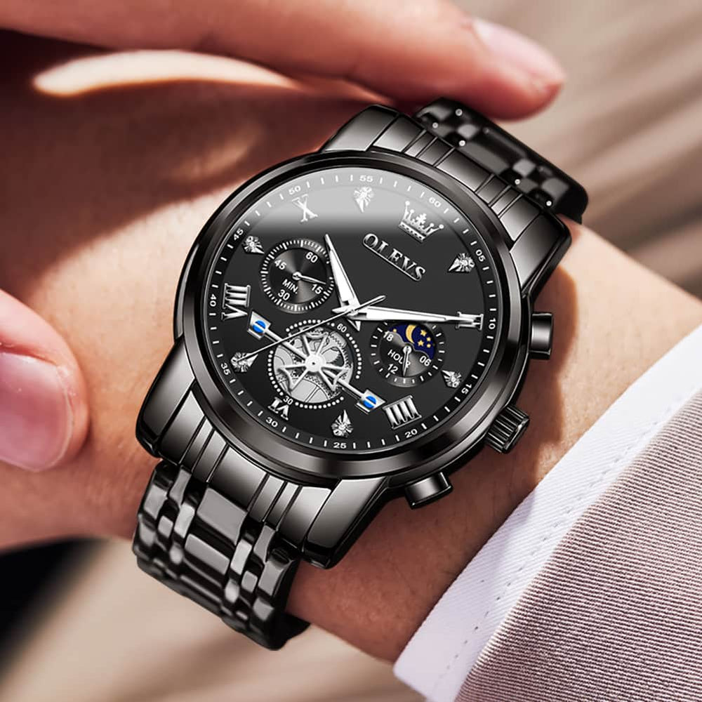 OLEVS 2856 Luxury Moon Phase Chronograph Quartz Watch for Men - All Black Silver Watch | Olevs Watch Store