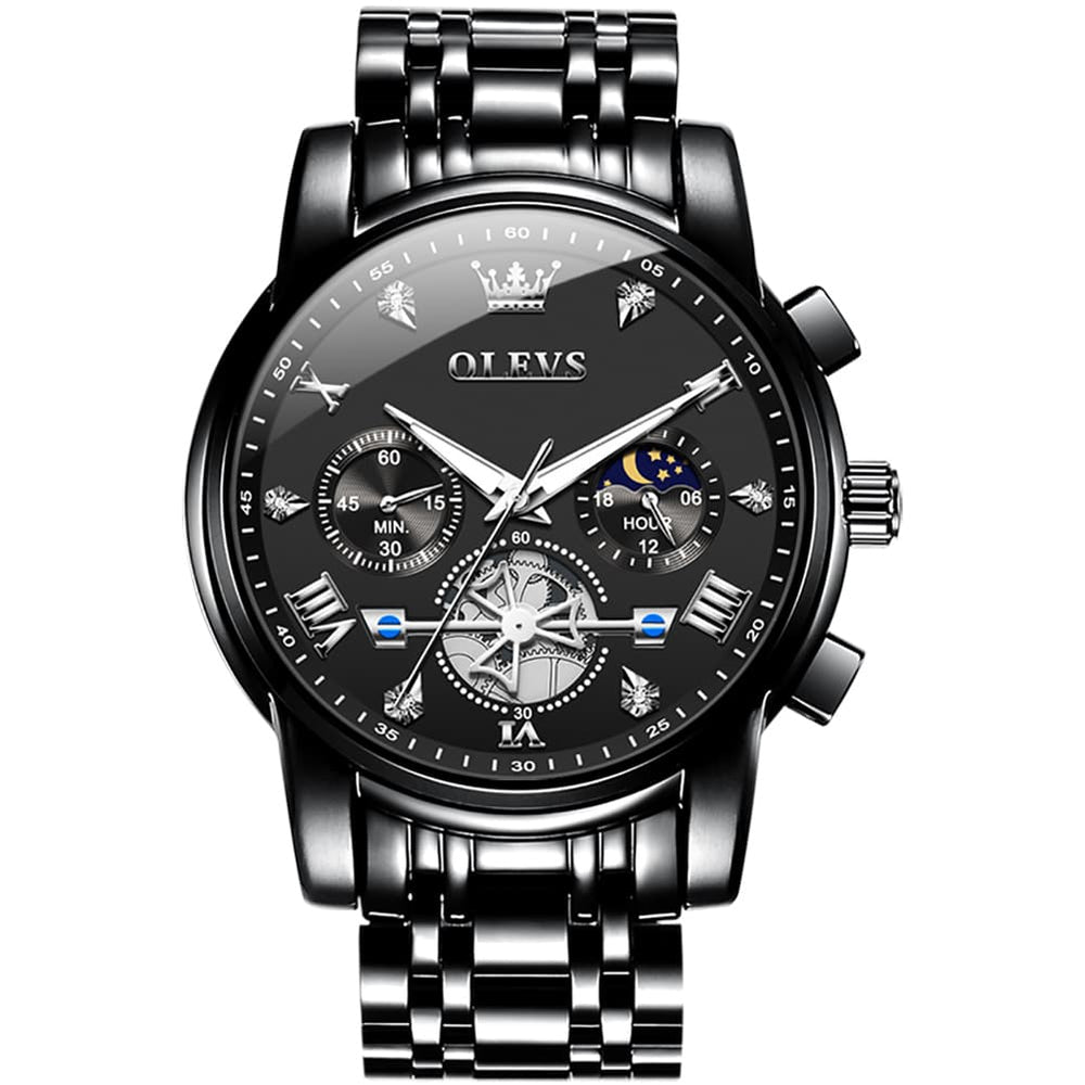 OLEVS 2856 Luxury Moon Phase Chronograph Quartz Watch for Men - All Black Silver Watch | Olevs Watch Store