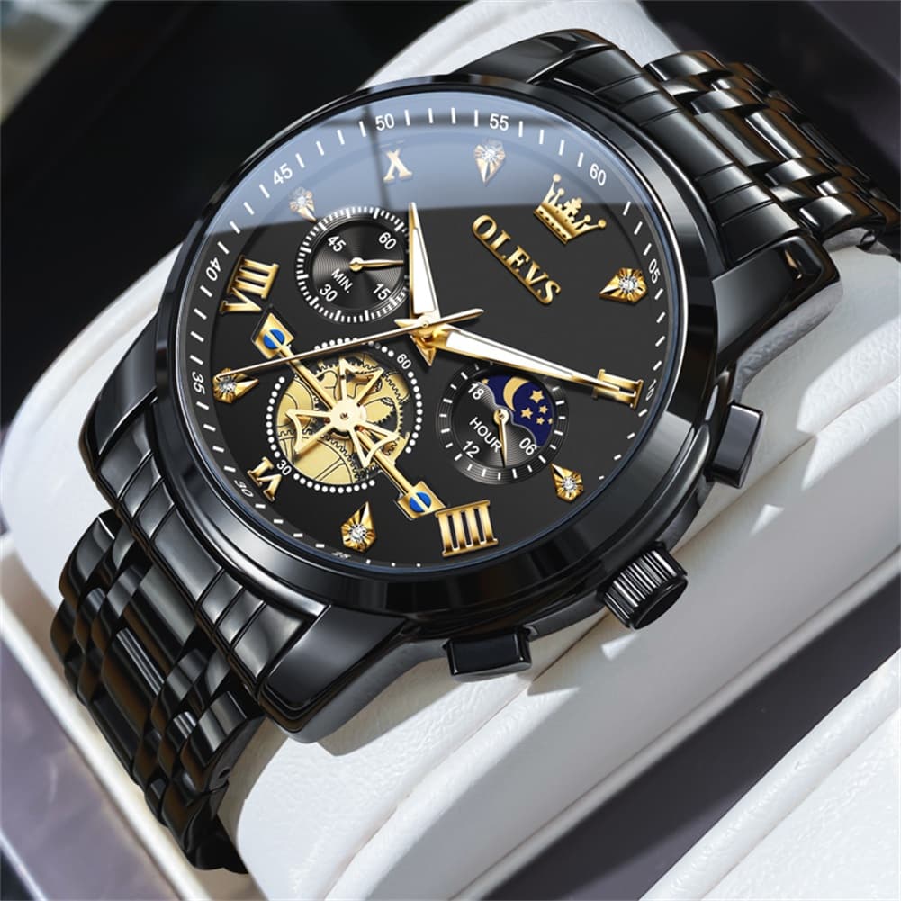 OLEVS 2856 Luxury Moon Phase Chronograph Quartz Watch for Men - All Black Silver Watch | Olevs Watch Store