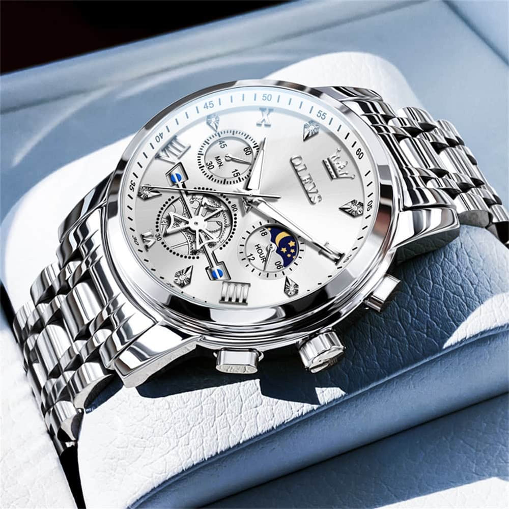 OLEVS 2856 Luxury Moon Phase Chronograph Quartz Watch for Men - All Black Silver Watch | Olevs Watch Store