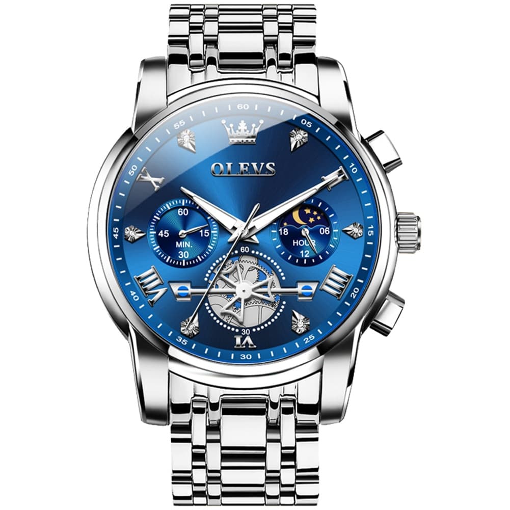 OLEVS 2856 Luxury Moon Phase Chronograph Quartz Watch for Men - Silver Blue Watch | Olevs Watch Store