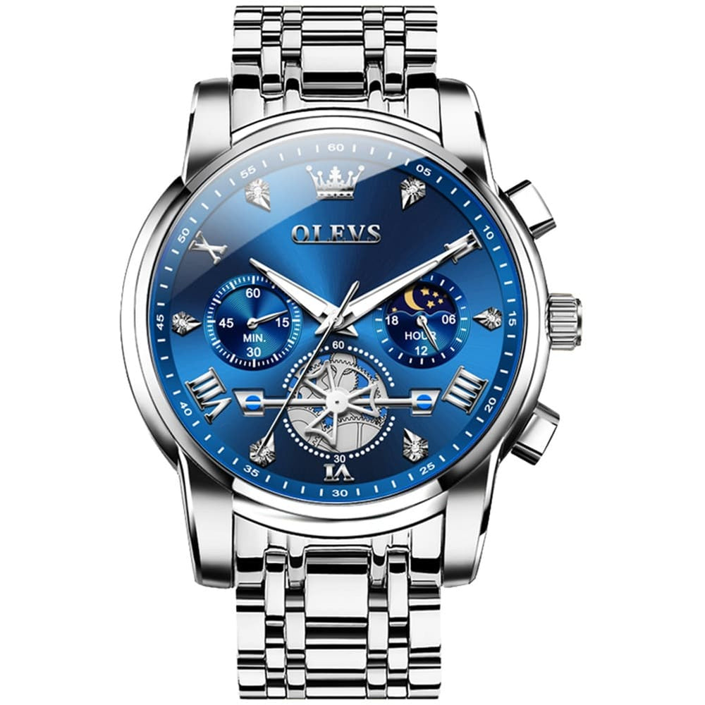 OLEVS 2856 Luxury Moon Phase Chronograph Quartz Watch for Men - Silver Blue Watch | Olevs Watch Store