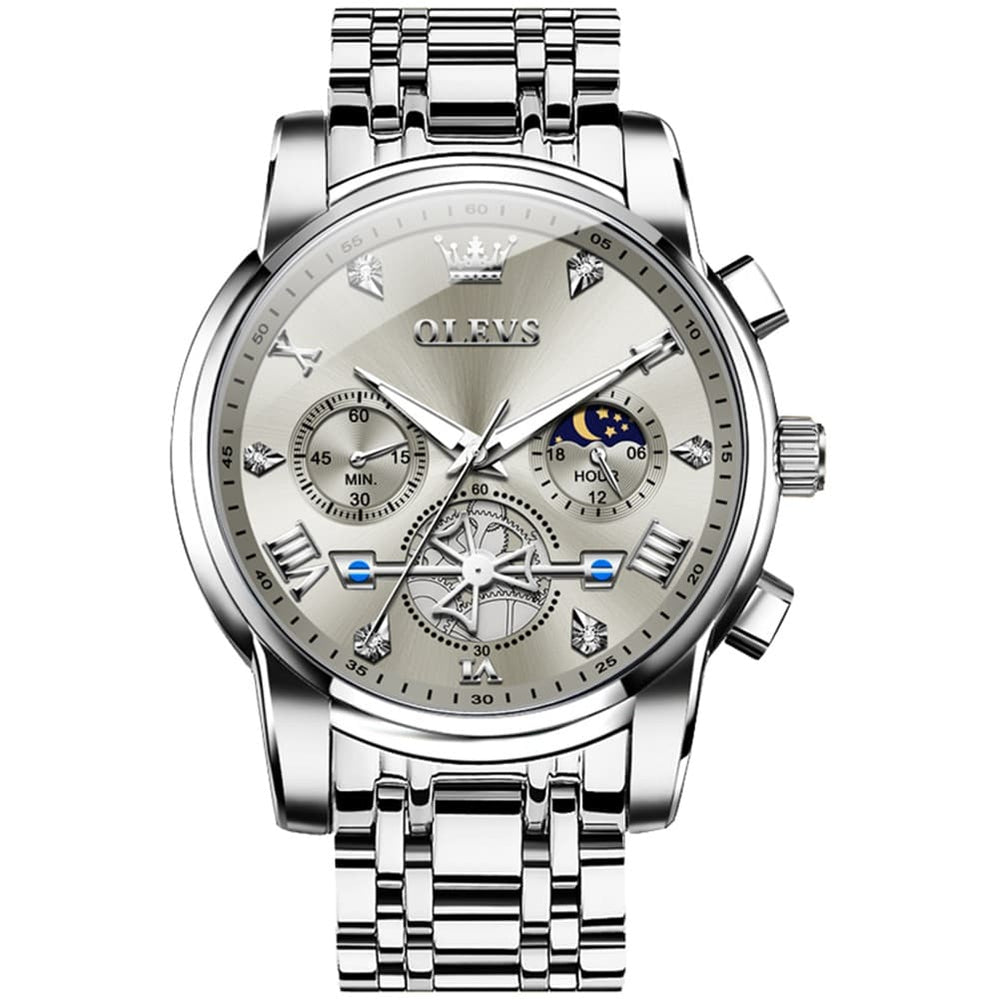 OLEVS 2856 Luxury Moon Phase Chronograph Quartz Watch for Men - Silver Grey Watch | Olevs Watch Store