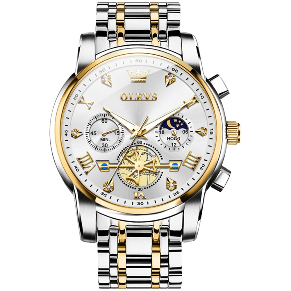 OLEVS 2856 Luxury Moon Phase Chronograph Quartz Watch for Men - Two-Tone White Watch | Olevs Watch Store