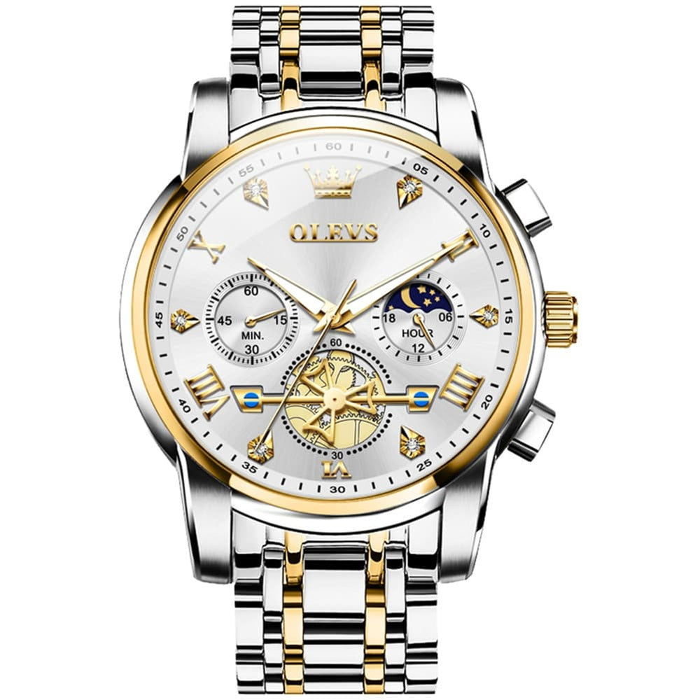 OLEVS 2856 Luxury Moon Phase Chronograph Quartz Watch for Men - Two-Tone White Watch | Olevs Watch Store