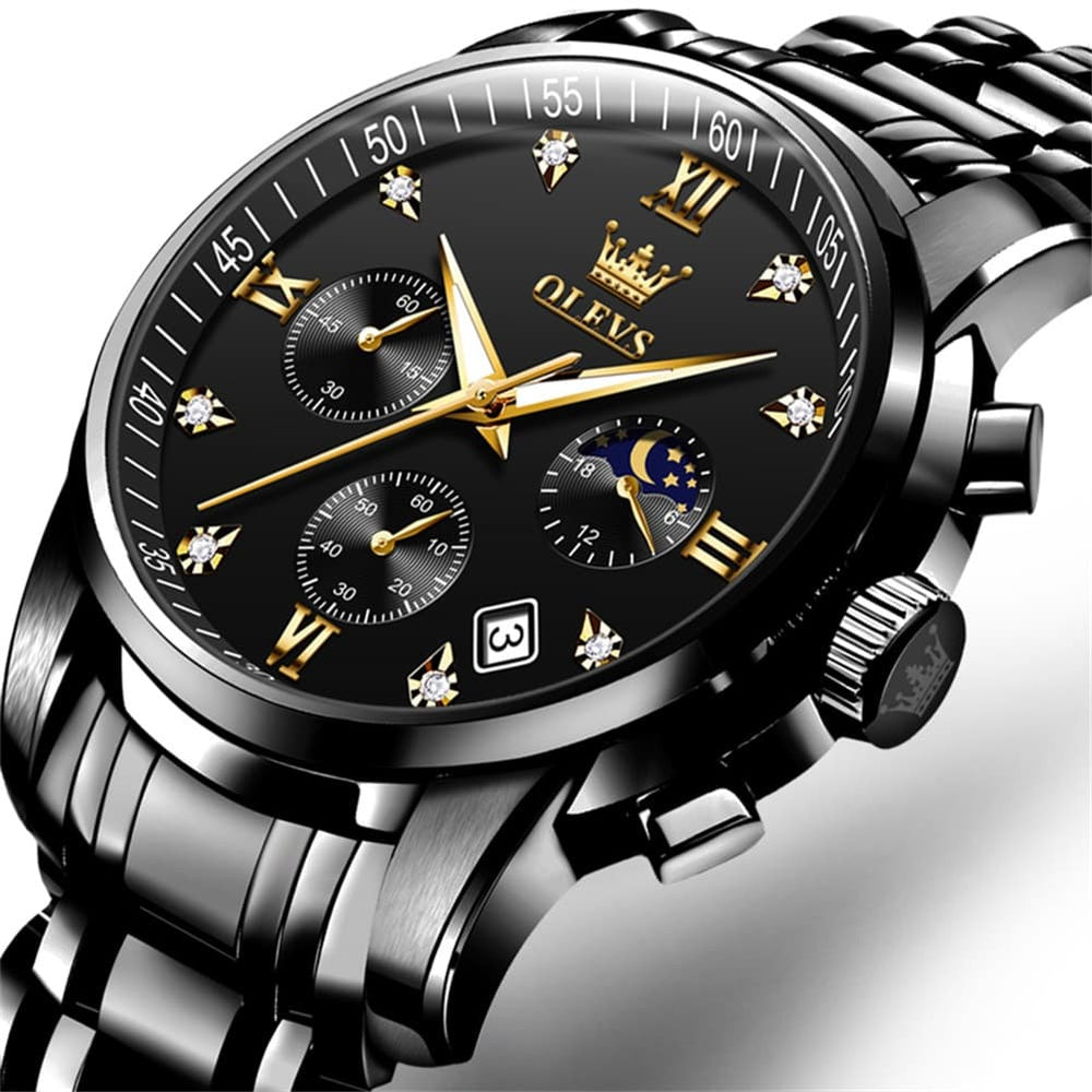 OLEVS 2858 Luxury Moon Phase Chronograph Watch for Men - All Black Gold Watch | Olevs Watch Store