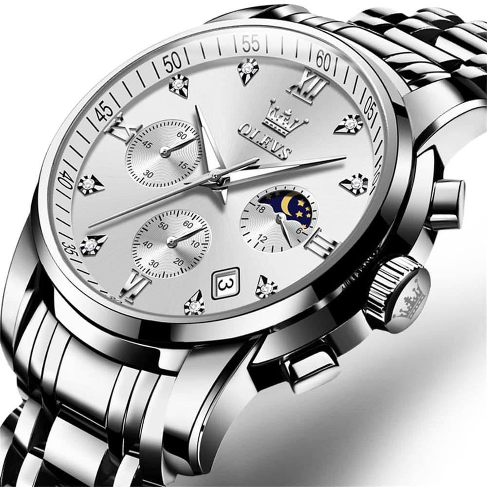 OLEVS 2858 Luxury Moon Phase Chronograph Watch for Men - Silver White Watch | Olevs Watch Store