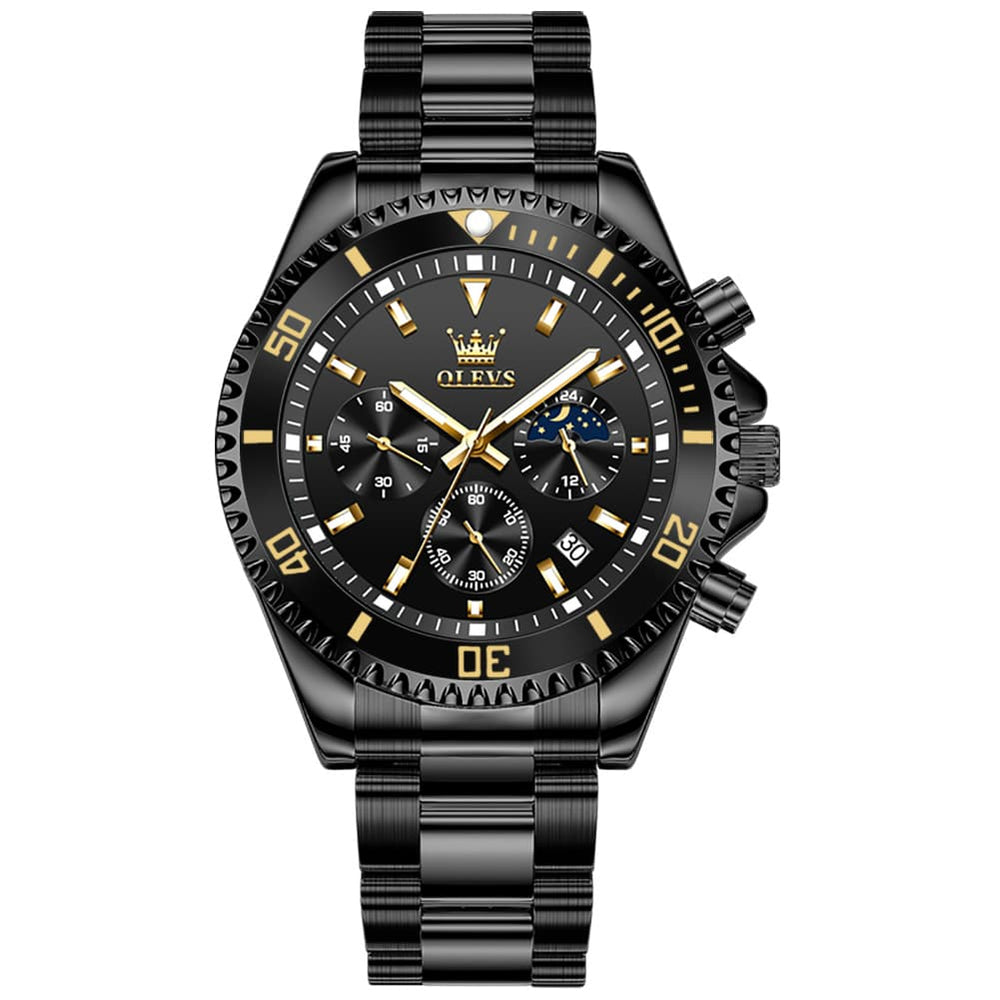 OLEVS 2870 Luxury Moon Phase Dive Chronograph Watch for Men - All Black Watch | Olevs Watch Store