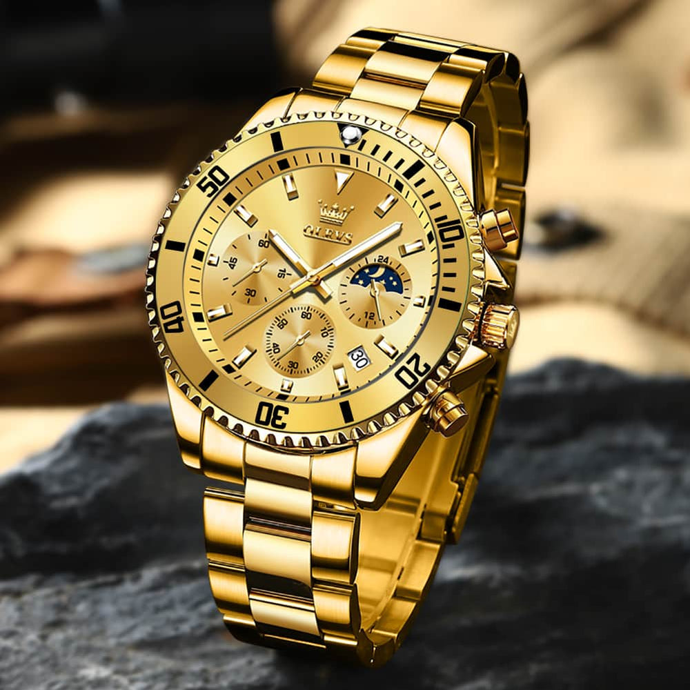 OLEVS 2870 Luxury Moon Phase Dive Chronograph Watch for Men - All Gold Watch | Olevs Watch Store