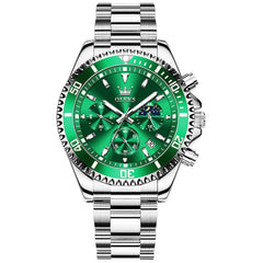 OLEVS 2870 Luxury Moon Phase Dive Chronograph Watch for Men - Silver Green Watch | Olevs Watch Store