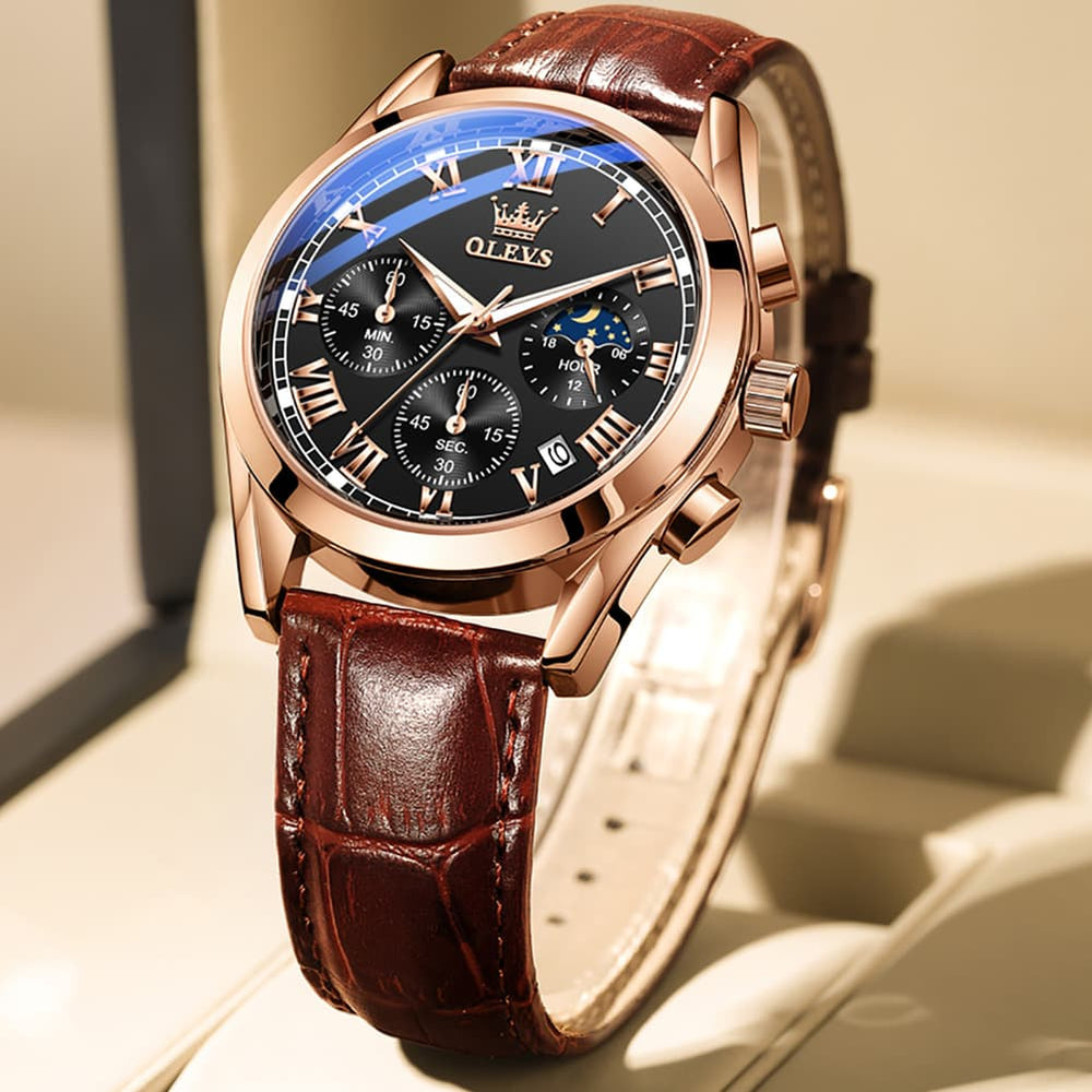 OLEVS 2871 Luxury Moon Phase Chronograph Watch for Men - All Black Steel Watch | Olevs Watch Store